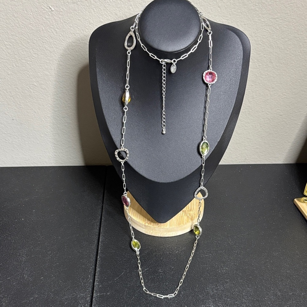 Lia Sophia GUMDROP Long Silver Tone Necklace w Pink, Green, & Blue